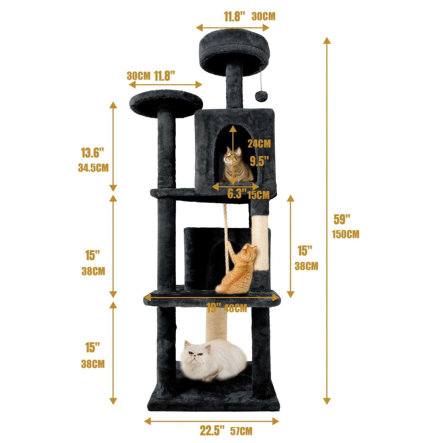 59" Multi-Level Cat Tower for Indoor Cats – Large Cat Tree with Plush Resting Area, Sisal Scratching Post & Hanging Ball Toy – Ideal for Bedroom, Living Room & Multi-Cat Households – Velora