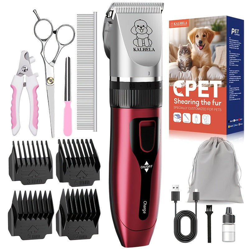 USB Rechargeable Pet Grooming Clippers Kit for Dogs & Cats – Ceramic Blades, Low Noise, Cordless Electric Clipper Set with Brush & Comb