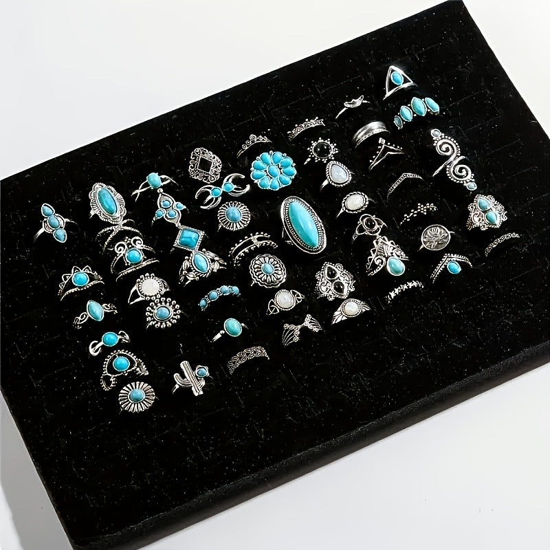 28pcs Vintage Bohemian Stackable Ring Set for Women – Turquoise, Geometric, Heart & Butterfly Designs, Adjustable Boho Rings for Everyday Wear, Holiday Parties & Festive Gifts