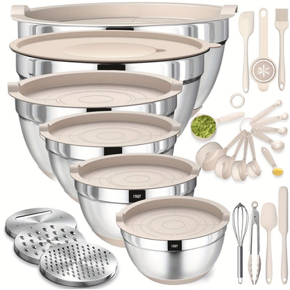 26-Piece Stainless Steel Mixing Bowls Set with Airtight Lids 3 Grater Attachments Non-Slip Bottoms 6 Sizes 7 4 2.5 2.0 1.5 1QT for Mixing Serving Baking Kitchen
