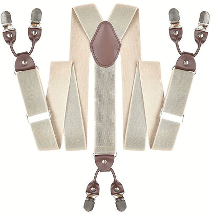 Men's Suspenders Y-Back PU Leather Heavy Duty Suit Brace with 6 Metal Clips – Adjustable Elastic Vintage Style, Black Gray Navy Blue White Coffee Beige Wine Red, Casual & Formal Wear