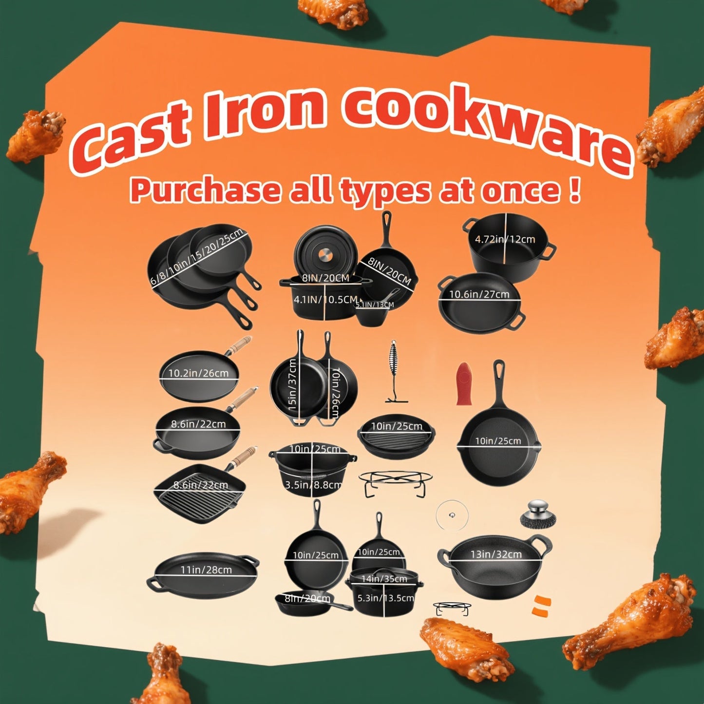 Cast Iron Cookware Set 6-Piece Non-Stick Skillet Dutch Oven Grill Pan Kit for Induction Gas Campfire BBQ Outdoor Cooking Kitchen