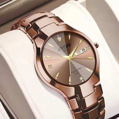 Men's Luxury Quartz Wristwatch with Double Calendar and Luminous Hands – Elegant Business Stainless Steel Watch for Men, Classic Gold Black White Dial, Perfect Gift for Him Birthday Anniversary
