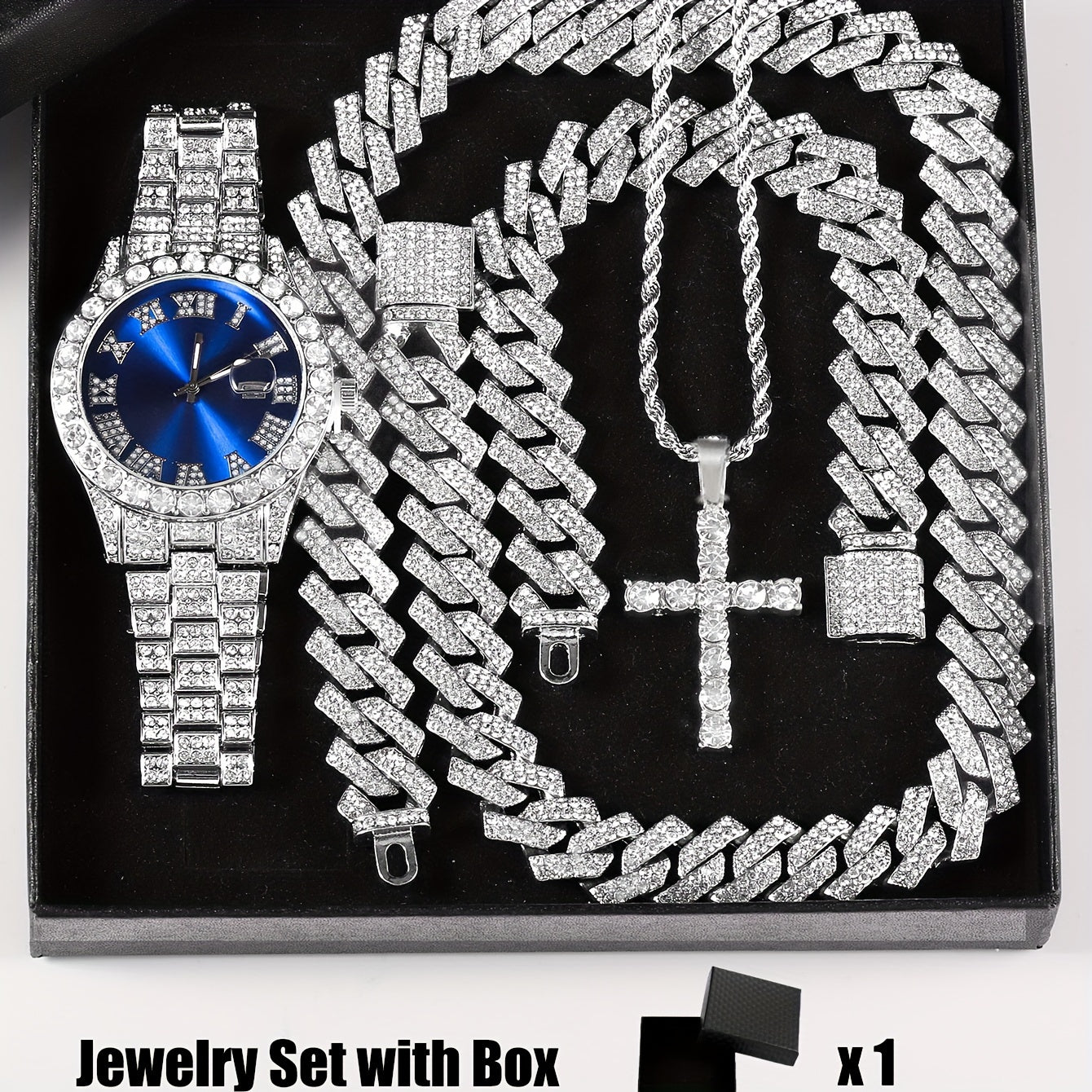 4pcs Rhinestone Watch & Cross Pendant Jewelry Set Quartz Analog Wrist Watch Necklace Bracelet Earrings Unisex Gift for Him Her Wedding