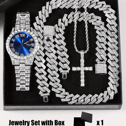 4pcs Rhinestone Watch & Cross Pendant Jewelry Set Quartz Analog Wrist Watch Necklace Bracelet Earrings Unisex Gift for Him Her Wedding