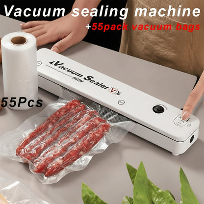 Vacuum Sealing Machine Set with 55 Vacuum Bags, Automatic Food Vacuum Sealer for Food Preservation & Storage, Sous Vide Low-Temperature Cooking, Convenient Household Kitchen Appliance - Black, White