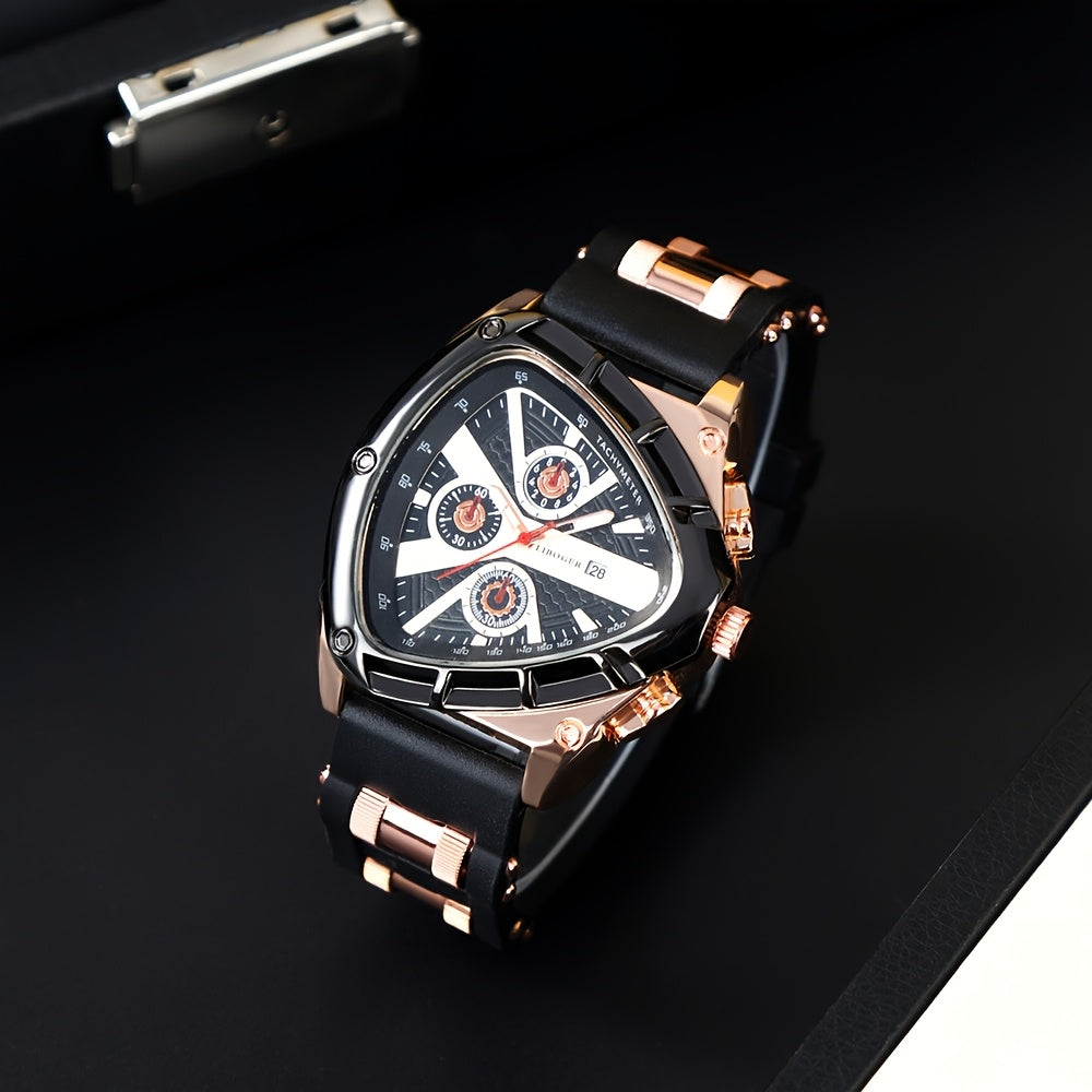 3pcs Men's Quartz Watch Set – Silicone Strap Date Display Triangular Dial, Fashion Sport Casual Wrist Watches for Men, Ideal Birthday Anniversary Gift Set