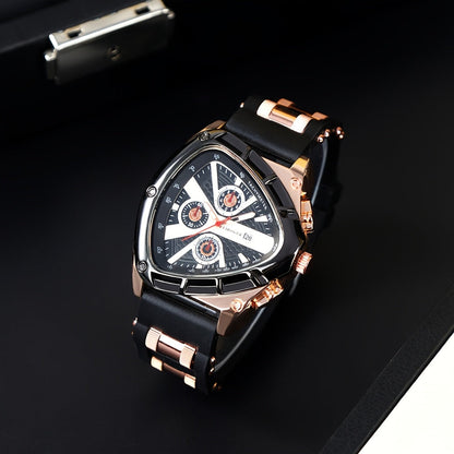 3pcs Men's Quartz Watch Set – Silicone Strap Date Display Triangular Dial, Fashion Sport Casual Wrist Watches for Men, Ideal Birthday Anniversary Gift Set