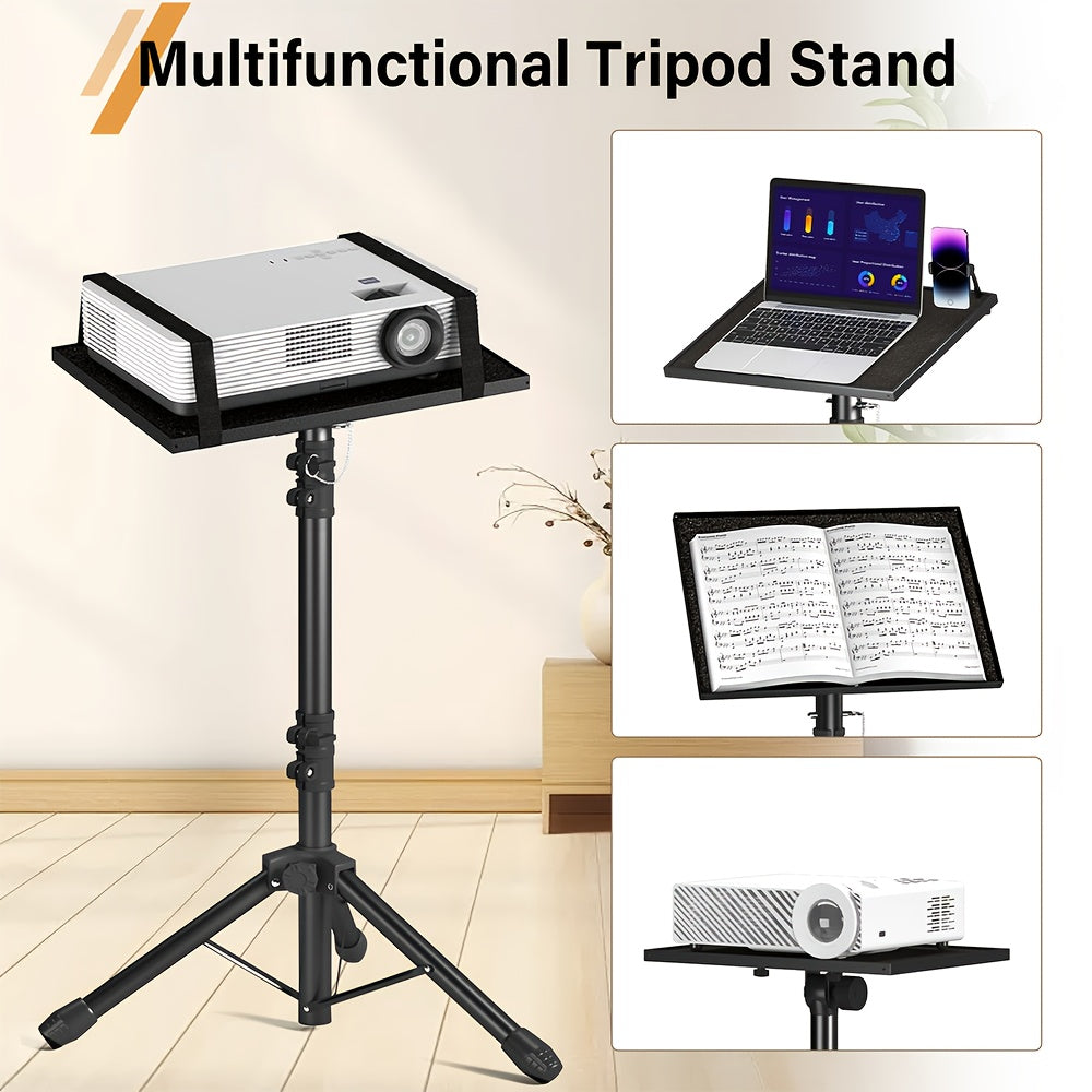 Projector & Laptop Tripod Stand – Height Adjustable with Gooseneck Phone Holder, 180° Tilt Tray, 22 lb Capacity, Portable Floor Stand for Office Home Stage Studio & DJ