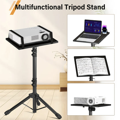 Projector & Laptop Tripod Stand – Height Adjustable with Gooseneck Phone Holder, 180° Tilt Tray, 22 lb Capacity, Portable Floor Stand for Office Home Stage Studio & DJ