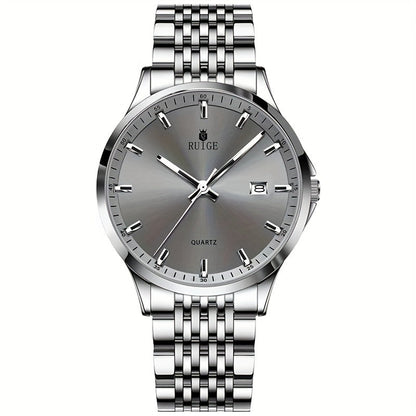 RUIGE Men's Luxury Quartz Watch Stainless Steel with Calendar Night Light Rhinestone Accents - Sports Business Dress Watch for Men Gift for Him