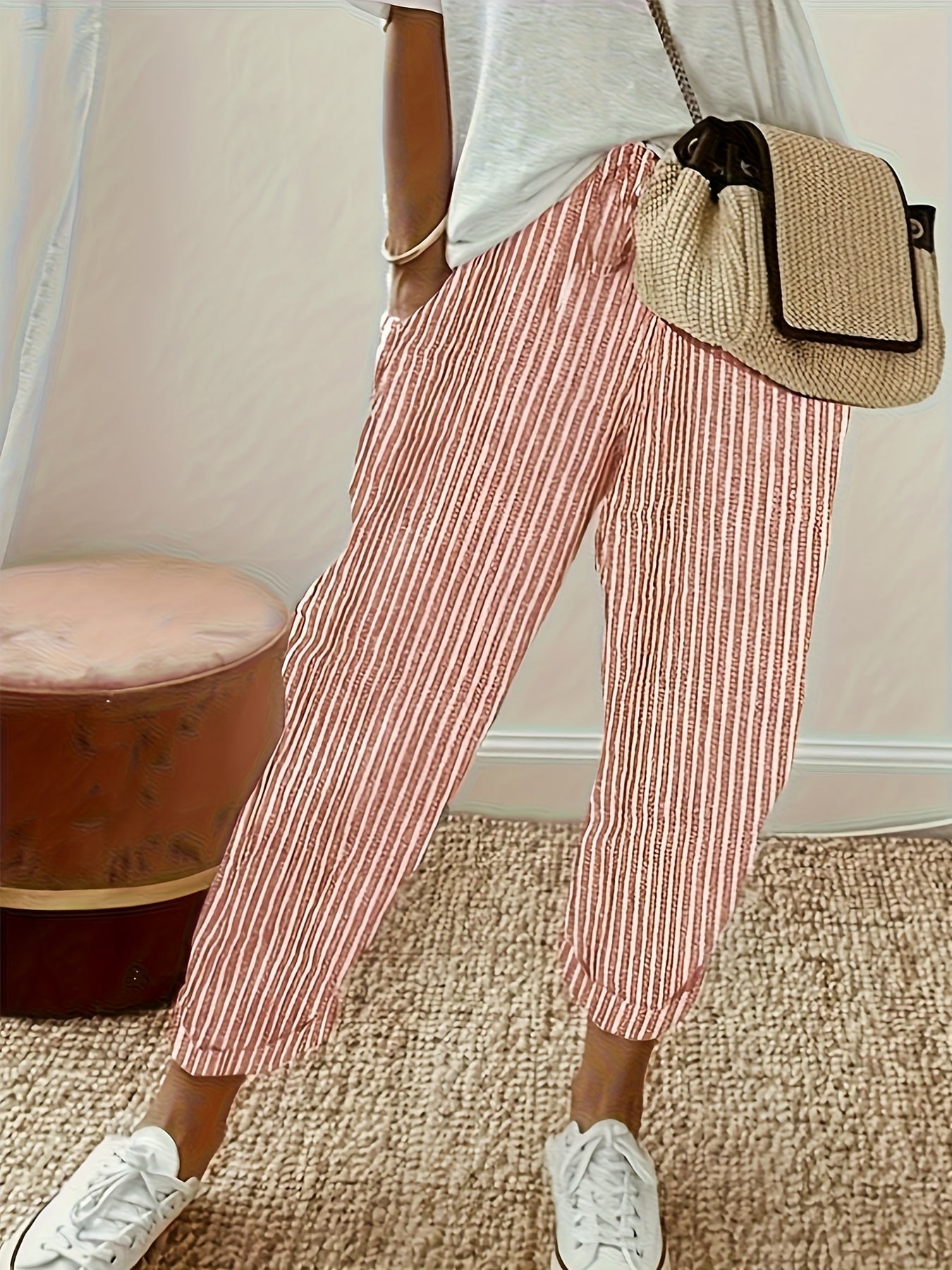 Women's High-Waisted Wide Leg Pants - Casual Loose Fit Side Stripe Trousers, Lightweight Breathable Polyester Fabric for Everyday Wear, Sizes S-XXL, Black Brown Green Blue Red