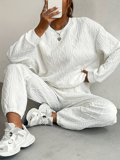 Women's 2-Piece Pullover Sweatsuit Set – Textured Jacquard Crewneck Long Sleeve Top & Sweatpants Tracksuit Breathable Casual Loungewear for Spring Summer S-XXL