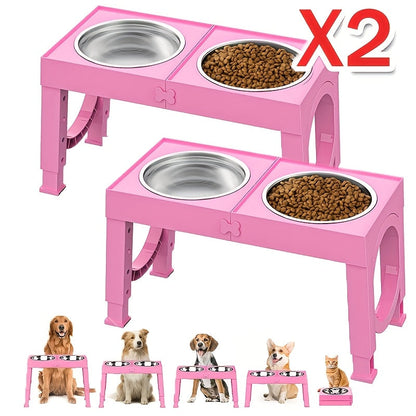 Elevated Dog Bowls Foldable Raised Feeder Stand – 2 Stainless Steel Bowls, Adjustable 5 Heights, Non-Slip, Portable Dog Food Water Bowl for Small Medium Large Dogs & Cats, 2-Pack
