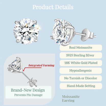 Classic Moissanite Stud Earrings D Color VVS1 S925 Sterling Silver – GRA Certified Lab Diamond Studs in 0.5CT to 5CT Per Ear, Ideal Gift for Birthday, Mother's Day & Wedding, Includes Velvet Pouch & Polishing Cloth