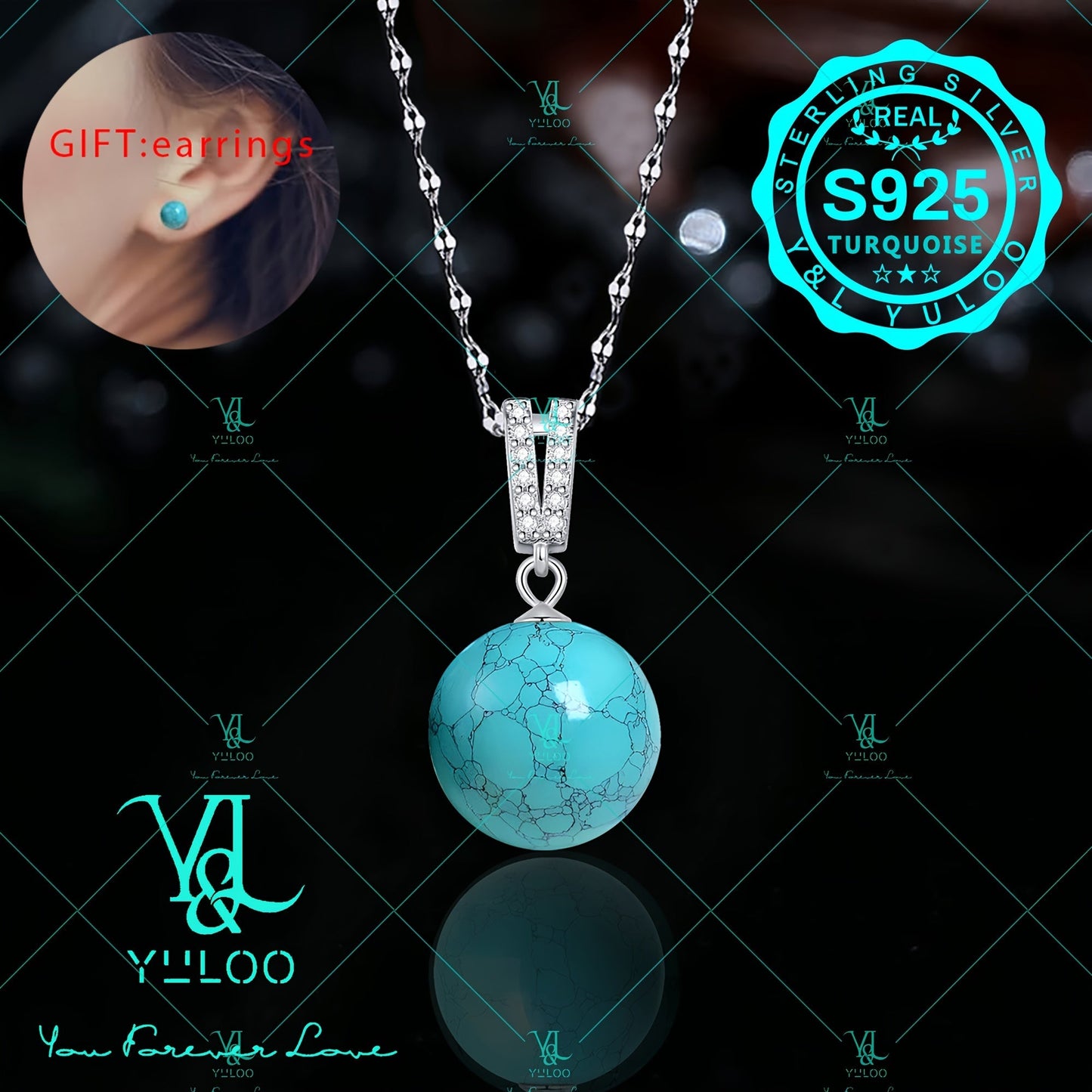 S925 Sterling Silver Natural Genuine Turquoise Pendant Necklace 18+2 Inch – Elegant Boho Gemstone Jewelry for Women with Bonus Earrings, Available in Silver & Gold, Perfect Gift for Her