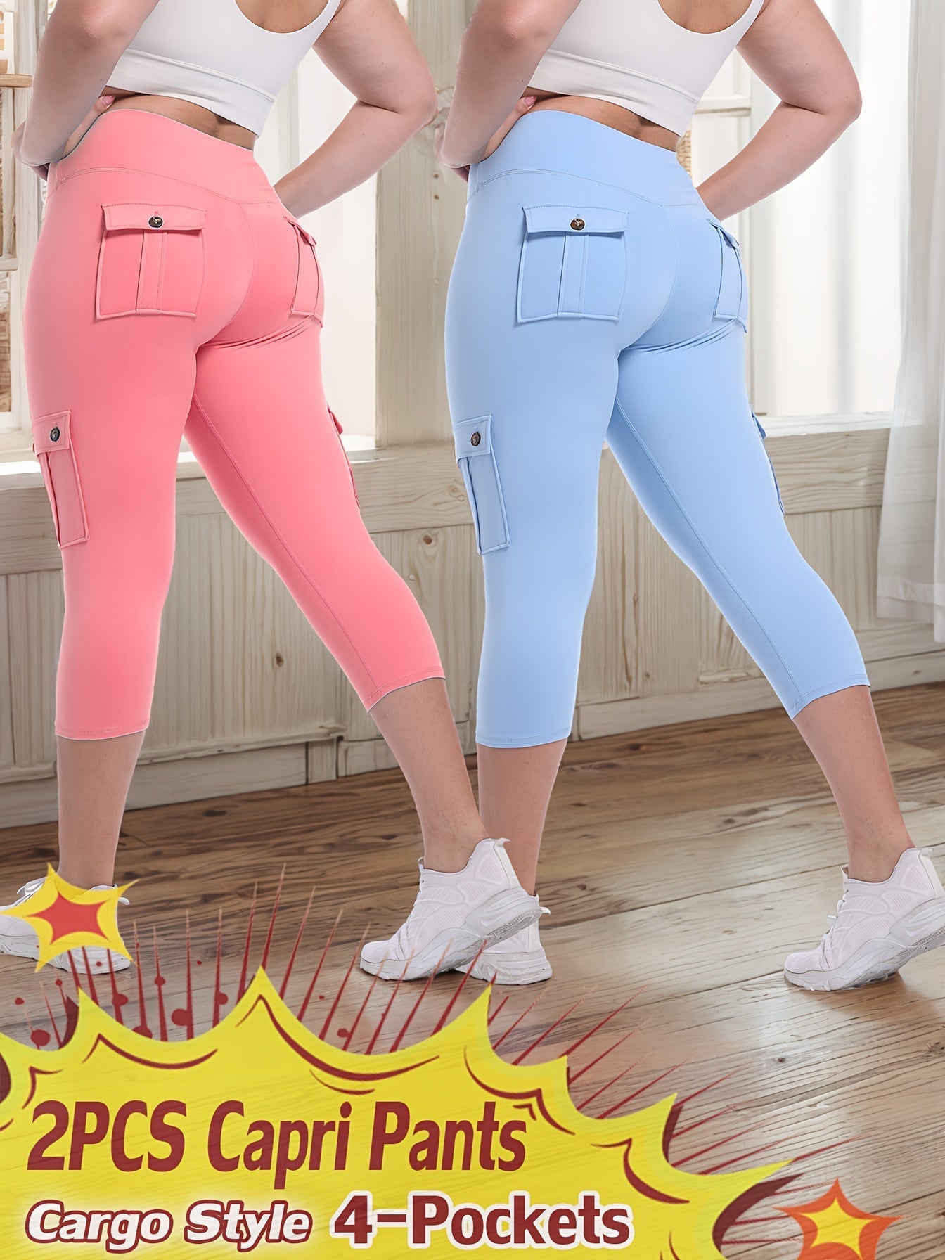 High Waist Yoga Capri Pants 2-Pack – Butt Lifting Tummy Control 4-Way Stretch Spandex Leggings with 4 Pockets, Three-Quarter Athletic Activewear for Women, 9 Color Sets, Sizes S-XXL
