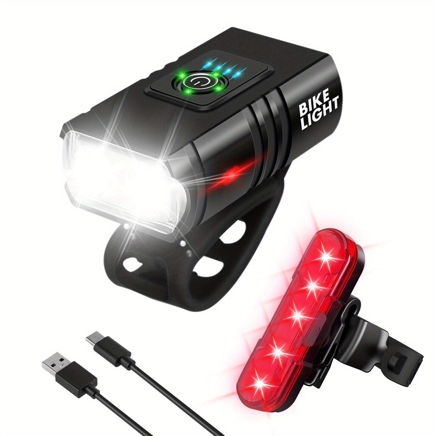 LED Bike Light Set USB-C Rechargeable 1500 Lumen – Front & Rear Bicycle Lights, 6+4 Modes, Waterproof, Power Display, Fast Charging, Safe Night Cycling Light for Road Mountain Bike