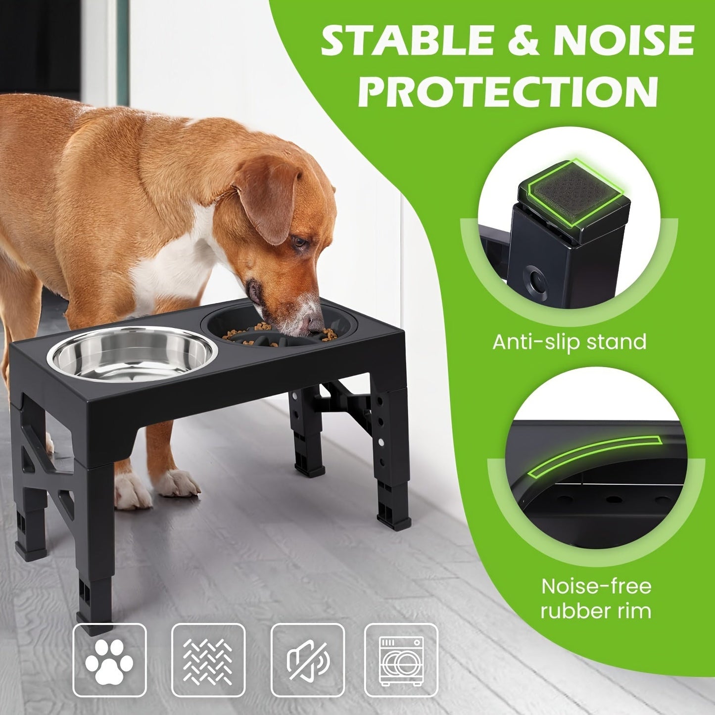 Adjustable Elevated Dog Bowl Stand with 3-Bowl Set – 5 Heights 3.2–12.2 Inch, 2 Stainless Steel Bowls + Slow Feeder Bowl for Small Medium Large Dogs, Raised Feeder in Black or Gray