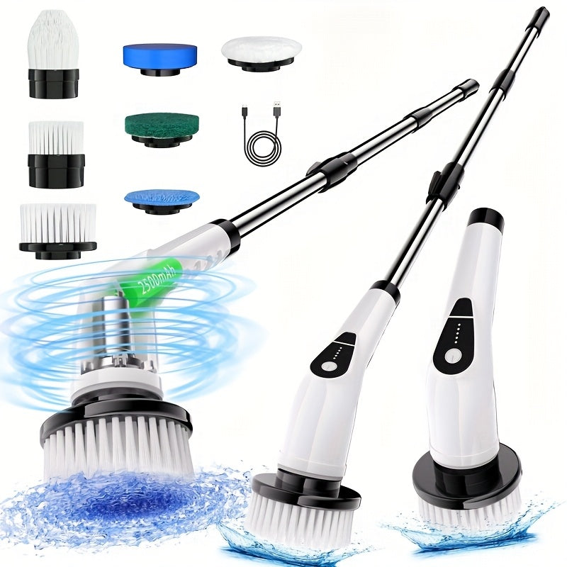 Electric Spin Scrubber Cordless 7-in-1 Cleaning Brush with 7 Replaceable Heads Dual Speed Adjustable Detachable Telescopic Handle for Bathroom Tile Tub Kitchen Car Floor Grout Scrubbing