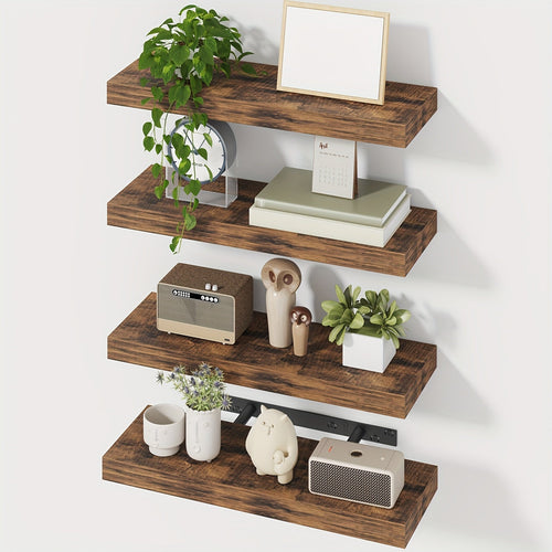 Floating Wall Shelves 15.8 Inch Rustic Finish with Invisible Brackets for Wall Decor Home Storage – 4 or 8 Pack in Rustic Brown Black Walnut
