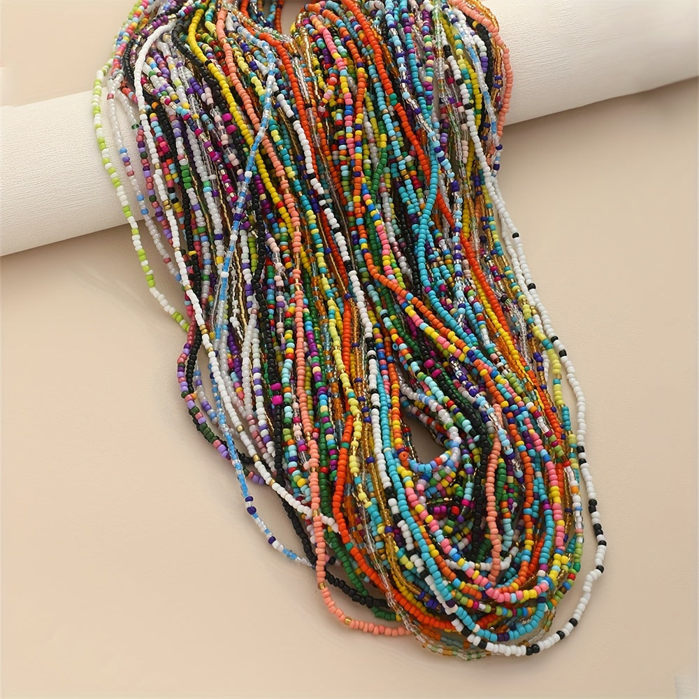 20pcs Boho Colorful Glass Bead Necklace and Elastic Waist Chain Set for Women Mixed Color Beach Bikini Body Jewelry for Party Vacation Festival