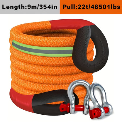 Kinetic Recovery Rope 22 Ton 48501 lbs – Heavy Duty Nylon Tow Rope with Bow Shackles & Storage Bag for Truck SUV UTV ATV Off-Road Emergency Rescue