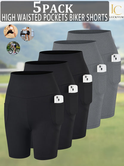 Women's High Waisted Biker Shorts 5 Pack with Pockets | Tummy Control No See-Through Squat-Proof | 6" Inseam Workout Running Yoga Gym Shorts | Soft 4-Way Stretch | XS-XXL Mixed Colors