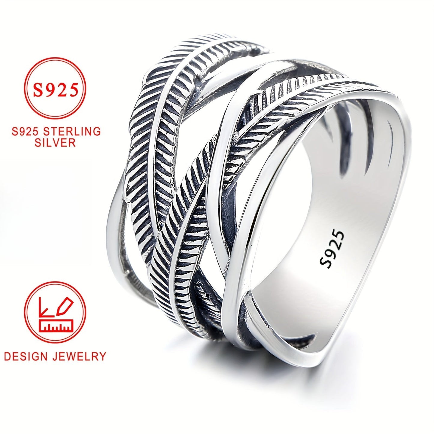 925 Sterling Silver Feather Ring Vintage Hip Hop Infinity Cross Band Fashion Jewelry for Women and Men Sizes 6 7 8 9 10 Daily Wear Gift