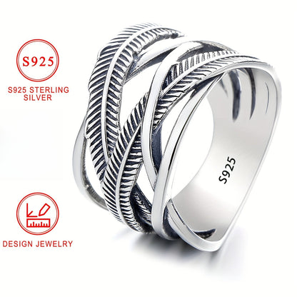 925 Sterling Silver Feather Ring Vintage Hip Hop Infinity Cross Band Fashion Jewelry for Women and Men Sizes 6 7 8 9 10 Daily Wear Gift