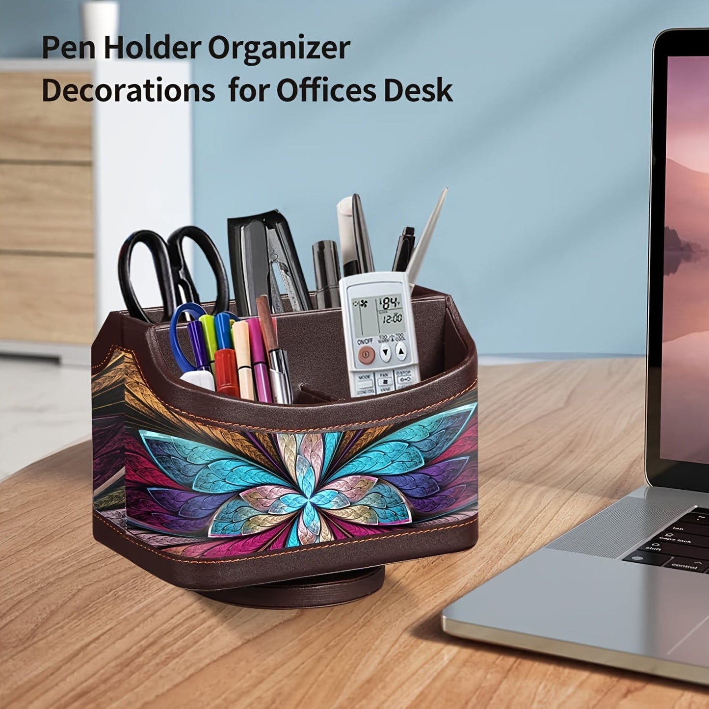 360° Swivel Remote Control Holder – 5-Compartment PU Leather Desk Organizer for TV Remotes, Phones, Eyeglasses, Pens & Office Accessories, Rotating Desktop Storage Caddy