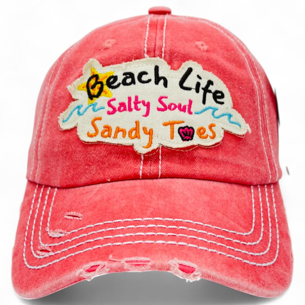 Beach Life Salty Soul Sandy Toes Vintage Distressed Embroidered Baseball Cap – Local Artist Design, 100% Cotton UV Protection Adjustable Coastal Sun Hat, Beach Lover Gift