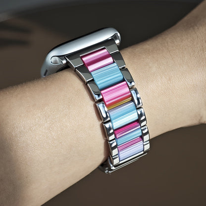 Apple Watch Band Women 42 44 45 46 49mm Stainless Steel Resin Starlight Rainbow Replacement Strap for iWatch Series 3-11 SE Ultra 1 2 3 – Work Office Fitness Party