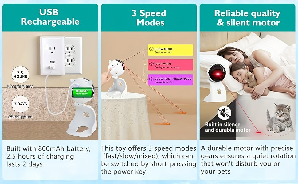Automatic Laser Cat Toy USB Rechargeable – 3 Speed Modes, Hang or Place, 0–130° Adjustable Angle, 800mAh Battery, 15-Min Auto Shutoff, Interactive Laser Pointer for Indoor Cats Kittens Dogs