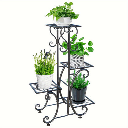 4 Tier Metal Plant Stand Indoor Outdoor Wrought Iron Corner Flower Pot Holder Display Rack Organizer for Garden Patio Balcony Lawn Office Planter Shelf Black