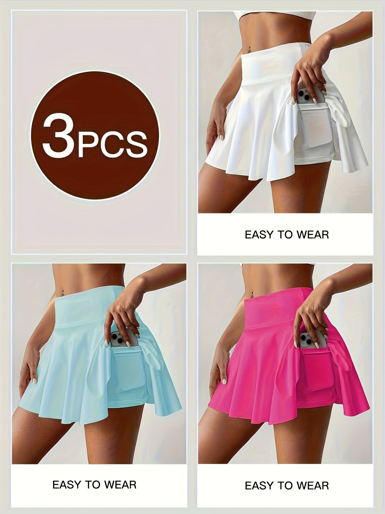 Women's Athletic Pleated Tennis Skort 3-Pack High Waist with Pockets Stretchy Polyester Yoga Skirt Machine Washable Side Tie Detail Comfort Fit for Tennis Yoga Gym Dance Sizes S-XXL