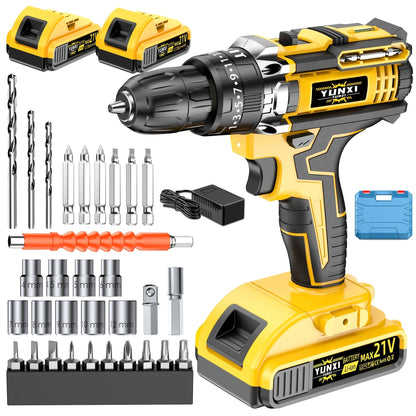 21V Cordless Impact Drill Set 2.0Ah Battery & Fast Charger with Work Light Speed & Torque Adjustment Electric Screwdriver Combo – Optional Storage Box for Car & Home Repair DIY Men's Gift