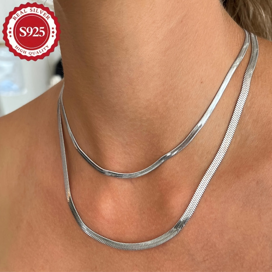 S925 Sterling Silver Flat Snake Chain Necklace Unisex – Handmade Hypoallergenic Artistic Necklace Sizes 18–22 Inch, Stackable Layering Style, Perfect Jewelry Gift for Him or Her