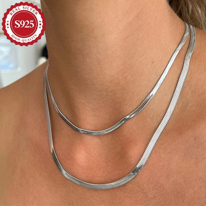 S925 Sterling Silver Flat Snake Chain Necklace Unisex – Handmade Hypoallergenic Artistic Necklace Sizes 18–22 Inch, Stackable Layering Style, Perfect Jewelry Gift for Him or Her