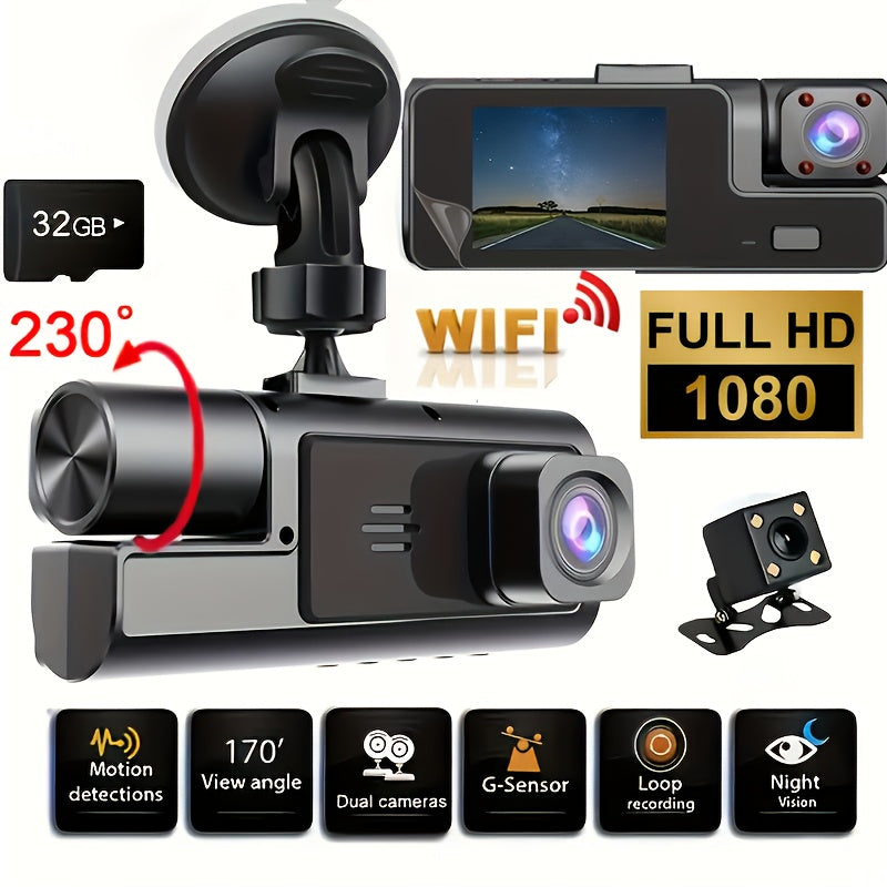 Dash Cam 2 & 3 Camera 1080P Front 720P Rear | Infrared Night Vision, 170° Wide Angle, WiFi, Loop Recording, G-Sensor, 32GB, 24H Parking Mode – Front and Rear Car Camera for All Vehicles