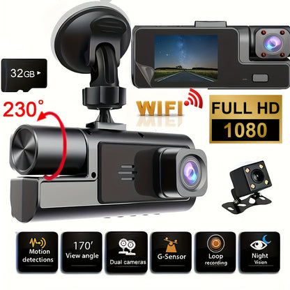 Dash Cam 2 & 3 Camera 1080P Front 720P Rear | Infrared Night Vision, 170° Wide Angle, WiFi, Loop Recording, G-Sensor, 32GB, 24H Parking Mode – Front and Rear Car Camera for All Vehicles