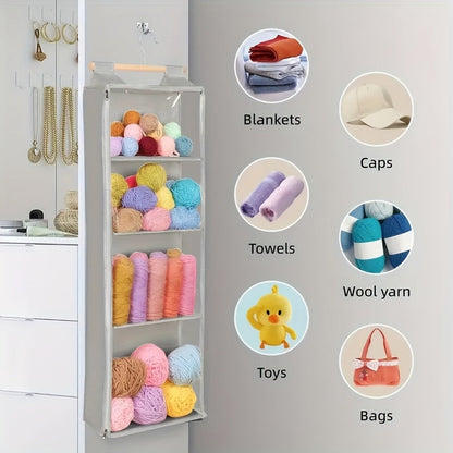 Hanging Yarn Storage Bag with 4 Large Pockets – Transparent Zipper Knitting & Crochet Organizer, Door Hook Rack, Double-Layer Fabric, Keeps Skeins & Hooks Organized | Velora