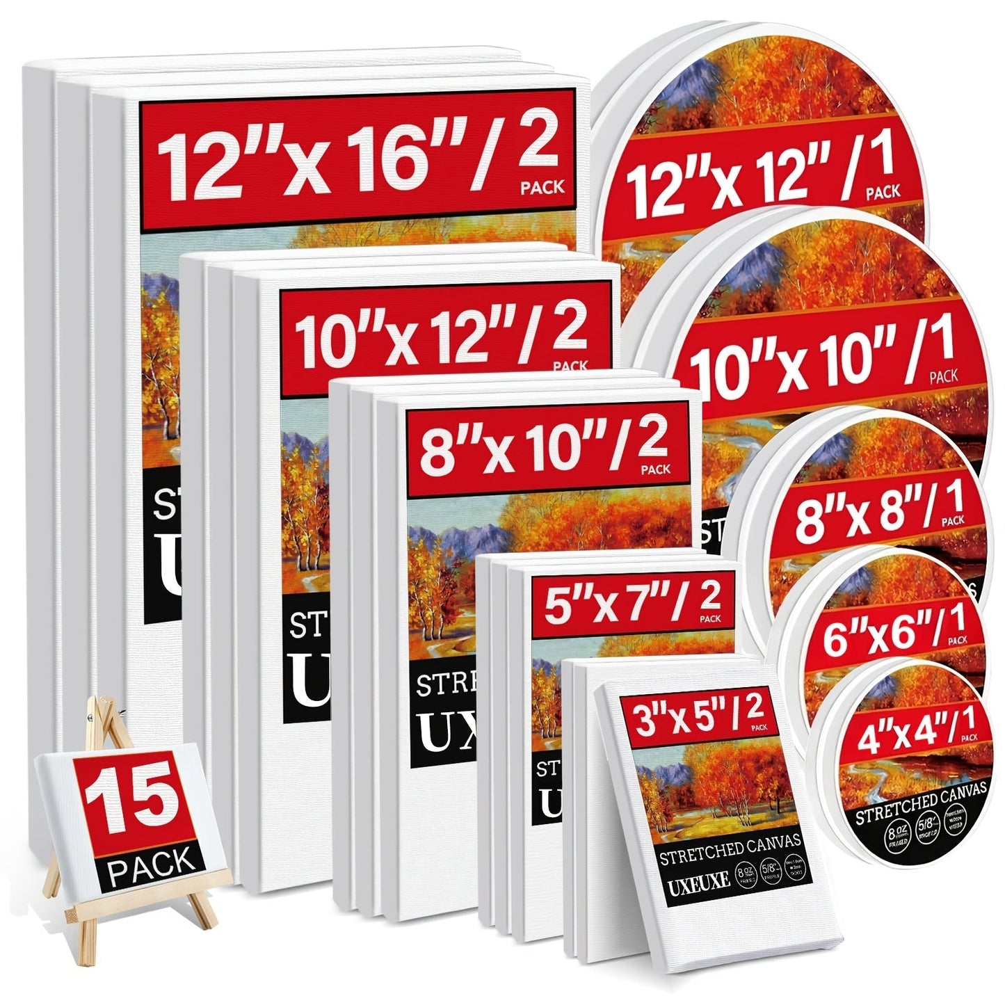 Stretched Canvas Multi-Pack Primed White 100% Cotton – Round Rectangular and Square Sets in 10 15 and 20 Pieces – Artist Canvas Boards for Acrylic Oil Painting Pouring and Mixed Media