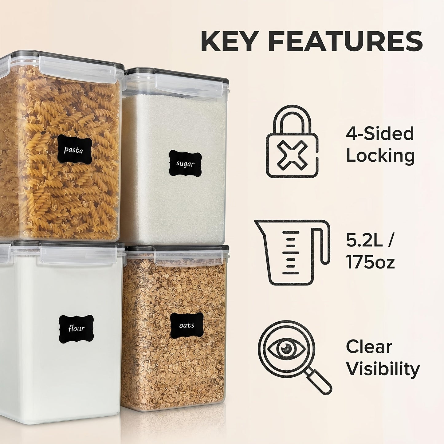 4-Pack Large Airtight Food Storage Containers with Lids – 176oz BPA-Free Plastic Canisters for Flour, Sugar, Rice & Baking Supplies – Includes Measuring Cups & 24 Labels, Black