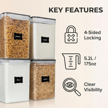 4-Pack Large Airtight Food Storage Containers with Lids – 176oz BPA-Free Plastic Canisters for Flour, Sugar, Rice & Baking Supplies – Includes Measuring Cups & 24 Labels, Black