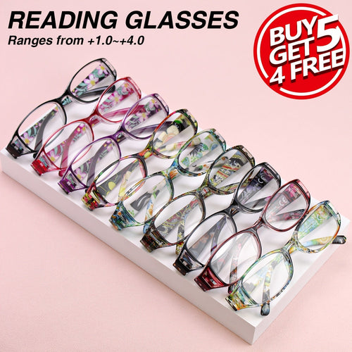 9 Pack Vintage Floral Square Frame Reading Glasses for Women, Lightweight Stylish Readers with Flower-Embellished Frames for Office & Everyday Use, Perfect Gift Set