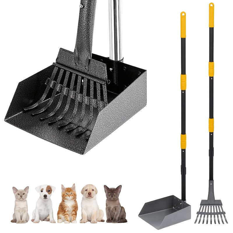 Stainless Steel Dog Pooper Scooper Set with Adjustable Handles – Rust-Proof Tray & Rake Pet Waste Removal Tool, Easy to Clean, No-Bend Design for All Dog Breeds, Yard & Outdoor Use