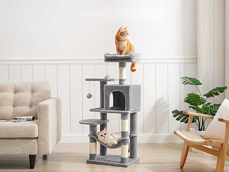 Multi-Level Cat Tree Tower 44-66 Inch with Hammock Sisal Scratching Posts Cozy Cave Perches Anti-Tilt Stable Cat Condo for Multi-Cat Families Kittens & Cats Gift