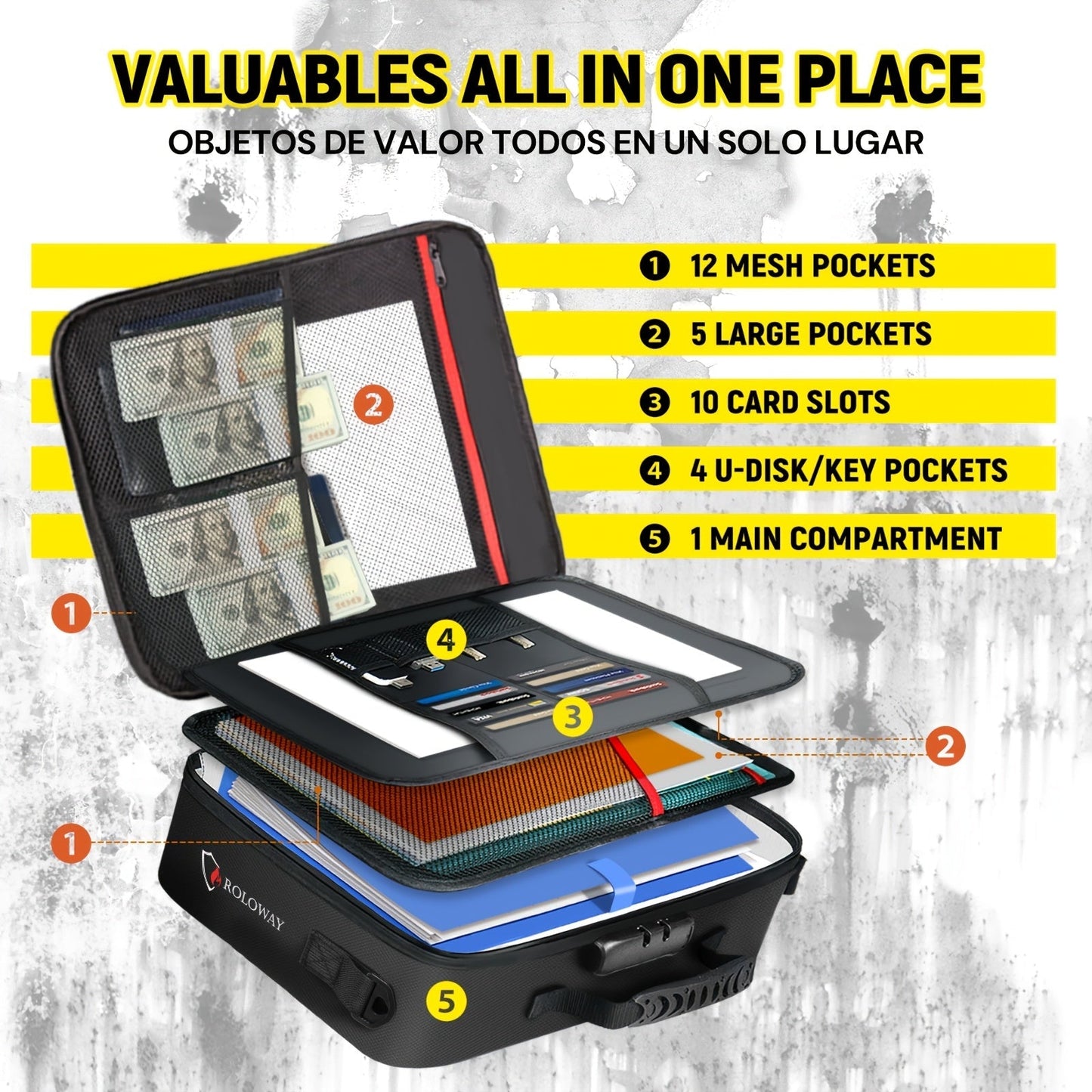 Fireproof Document Bag with Combination Lock & Reflective Strip – 17x11.8x5 Inch Multi-Layer File Organizer for Passports Cash Cards Certificates A4 Legal Size Documents Home Office Travel Safety