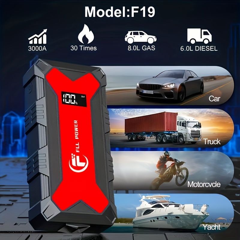 Portable Car Jump Starter Power Pack 1600A–3000A 12V Battery Booster – Compact Emergency Start for Gas & Diesel Engines with USB Charge Ports & LED Flashlight